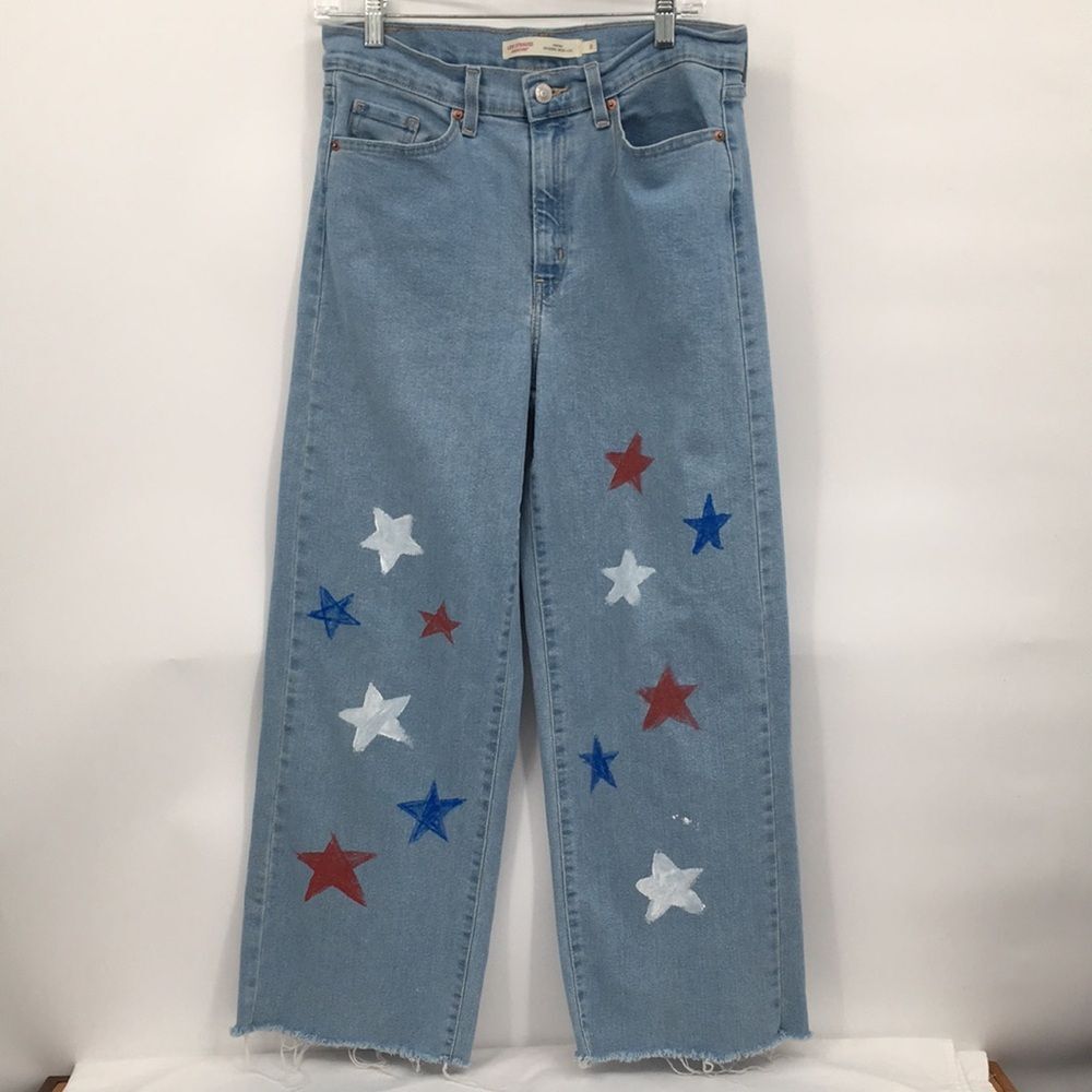 Levi's Light Blue Jeans Heritage Wide Leg 4th of July Red White Star Design
